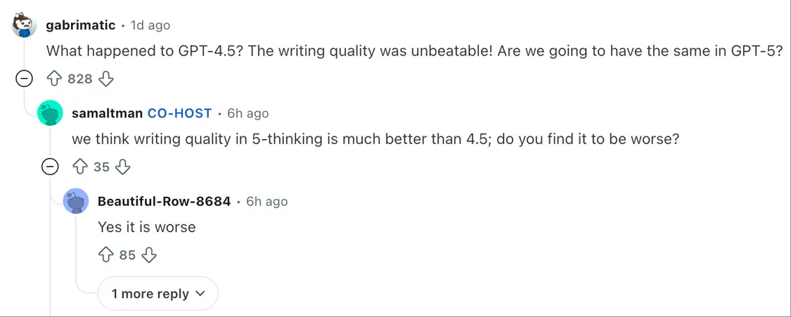 一些用户认为GPT-5写作更差